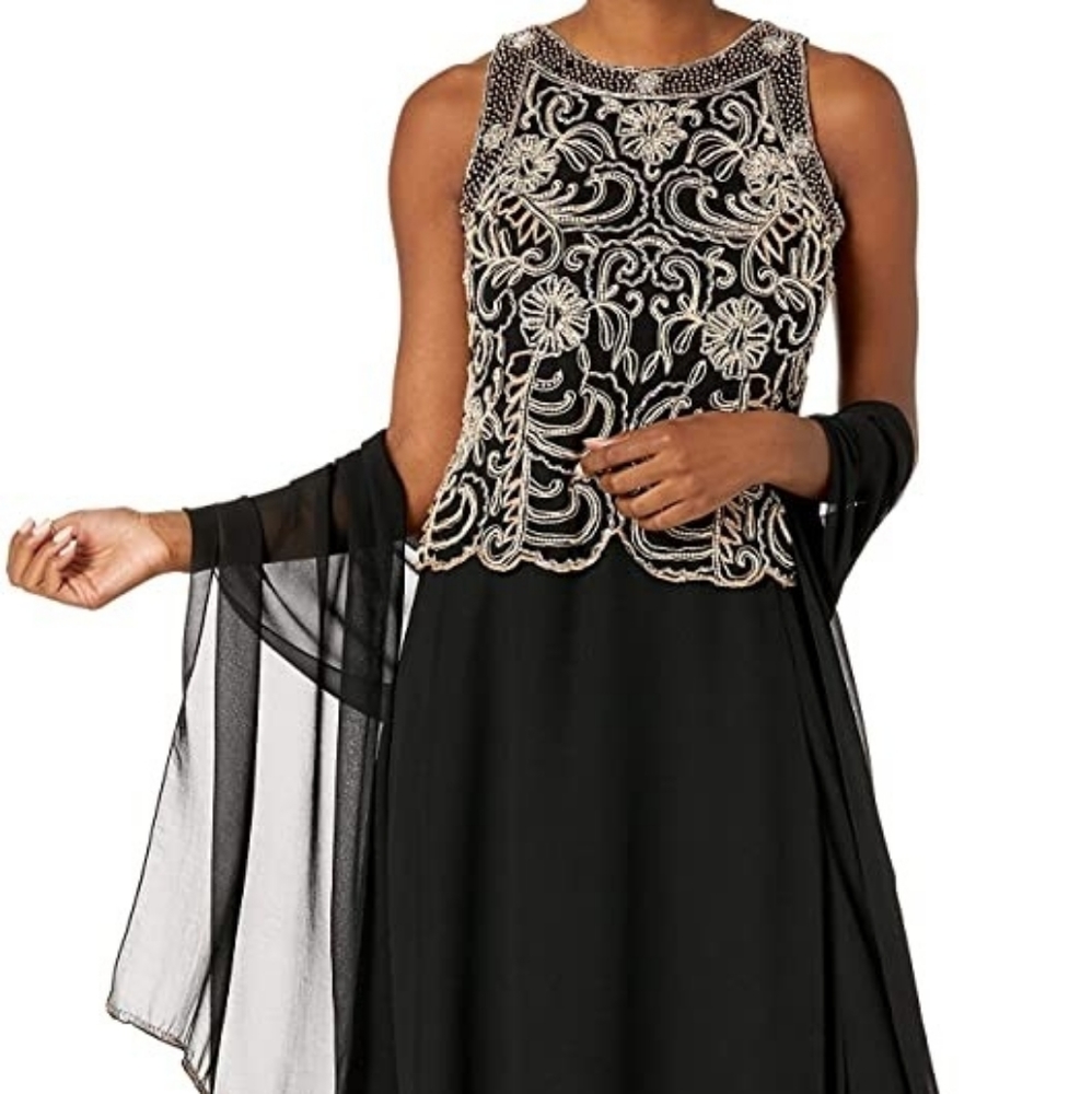 J Kara Beaded A - Line Gown and Scarf Black Champa